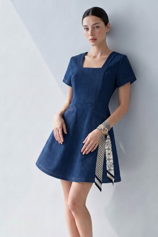 Alternative view of Đầm Denim Coffee Cổ Vuông 2 Túi