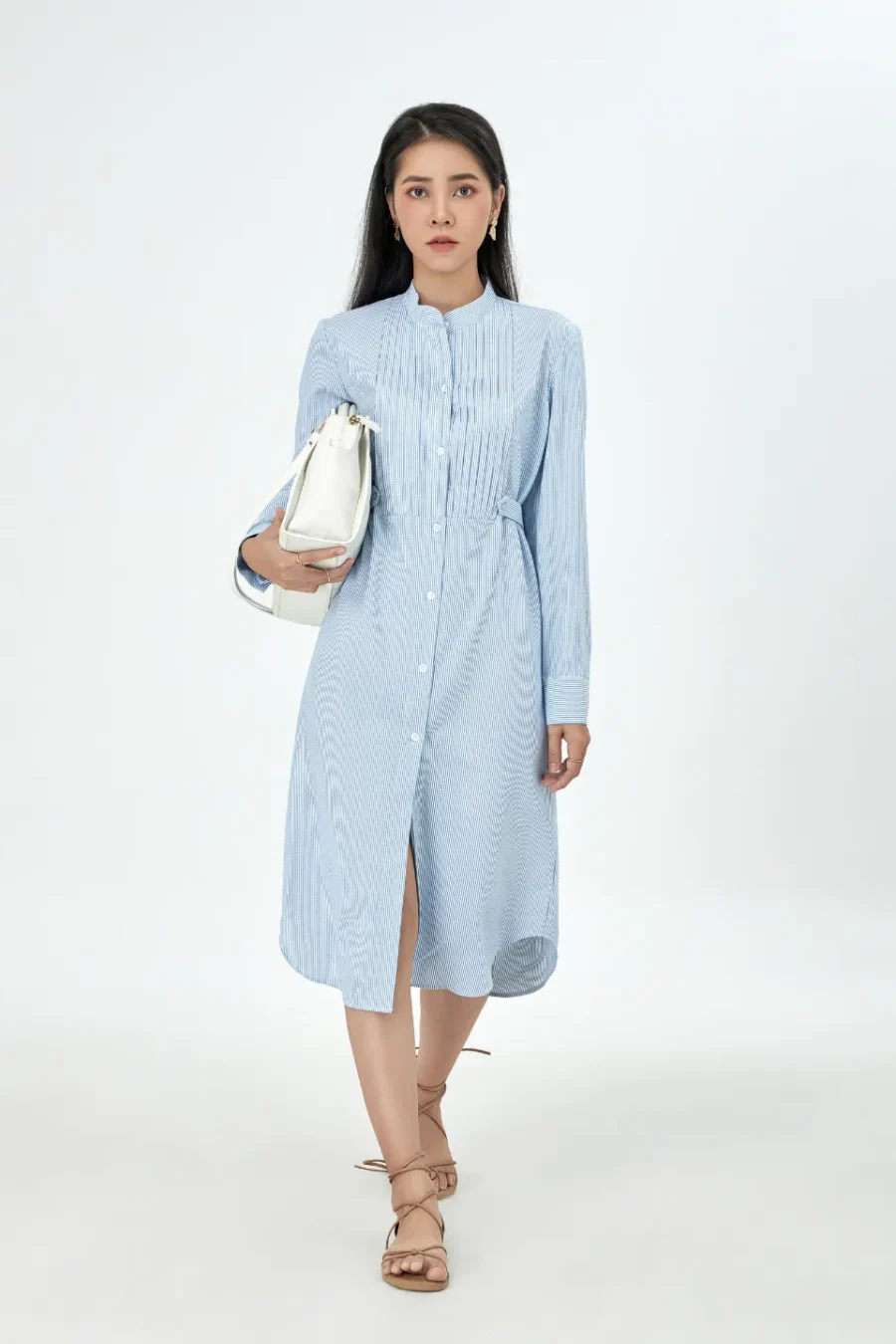 đầm sơ mi midi kẻ sọc màu xanh dương_11
