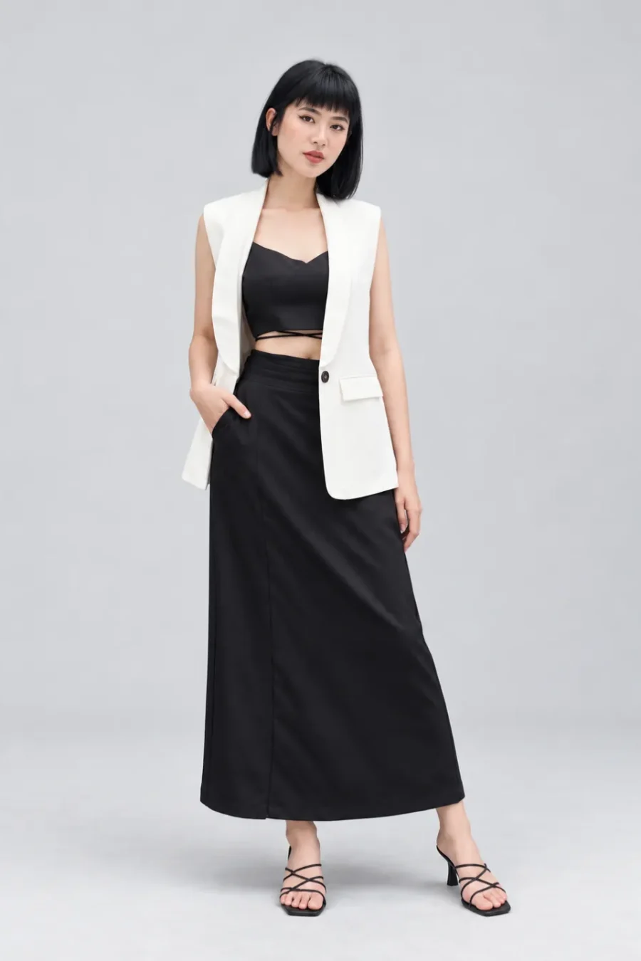 Áo Blazer Không Tay 4 Khoen Trắng Thanh lịch nữ doanh nhân
