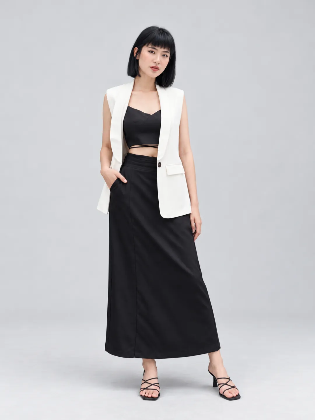 Áo Blazer Không Tay 4 Khoen Trắng Thanh lịch nữ doanh nhân