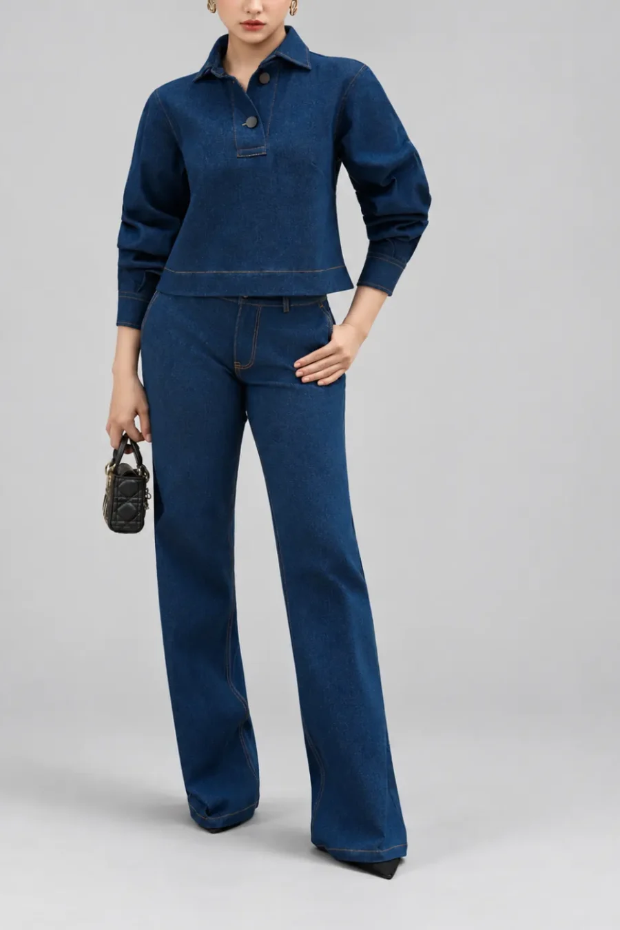 Áo Denim Coffee Cổ Polo Tay Phồng – Xanh đậm