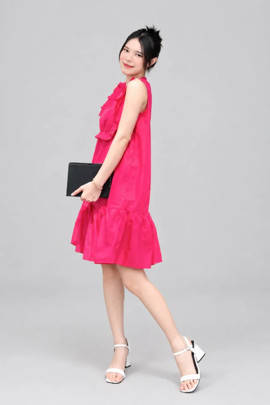 Đầm Satin Nhún Bèo – Hồng Đậm_2