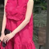 Đầm Satin Nhún Bèo – Hồng_3