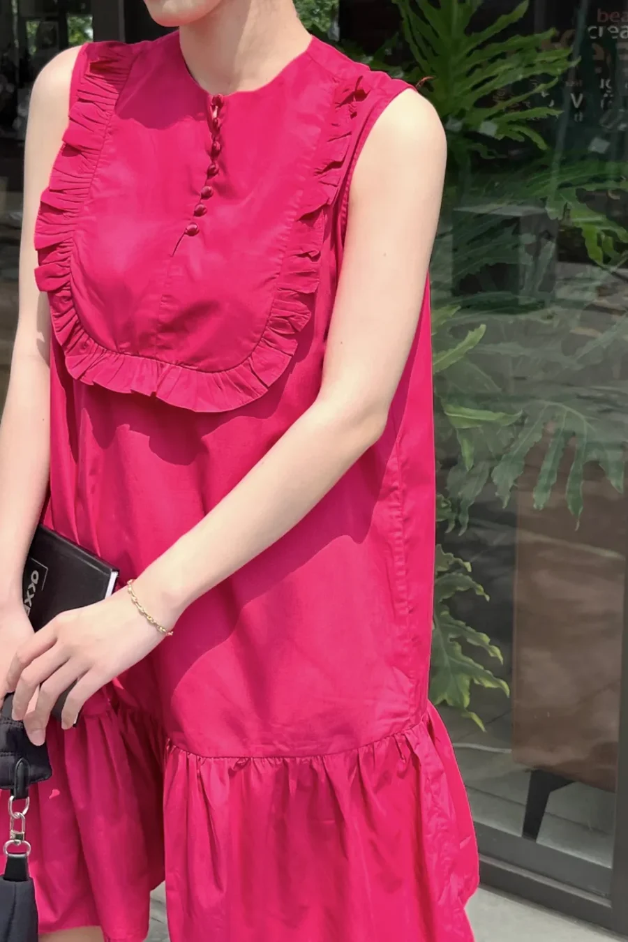 Đầm Satin Nhún Bèo – Hồng_3